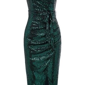 Grace Karin One Shoulder Green Sequin Dress size M